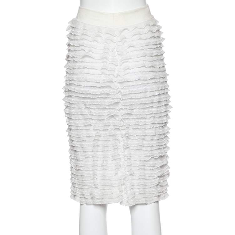 Pre Owned Alaia White Lurex Knit Ruffled Skirt XS