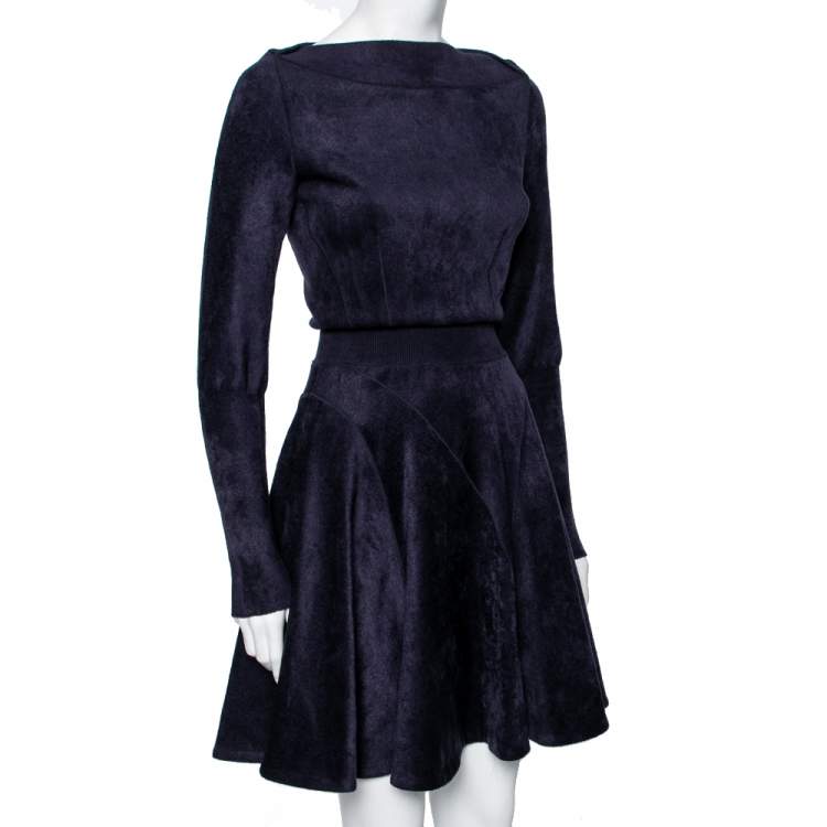Pre Owned Alaia Blue Felt Knit Fit Flared Midi Dress S