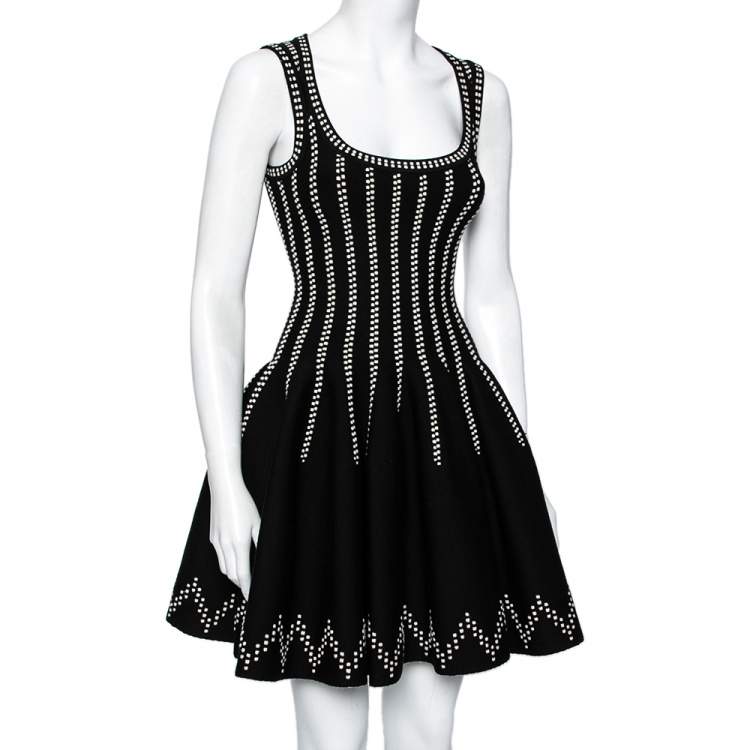 Pre Owned Alaia Black Wool Dobby Dotted Sleeveless Flared Dress S
