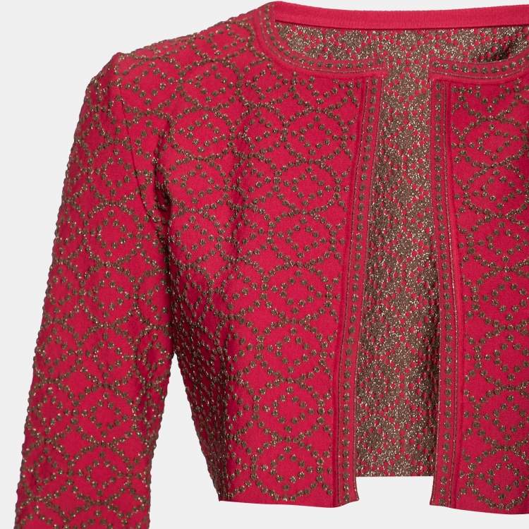 Pre Owned Alaia Red Patterned Lurex Knit Open Front Cropped Shrug M
