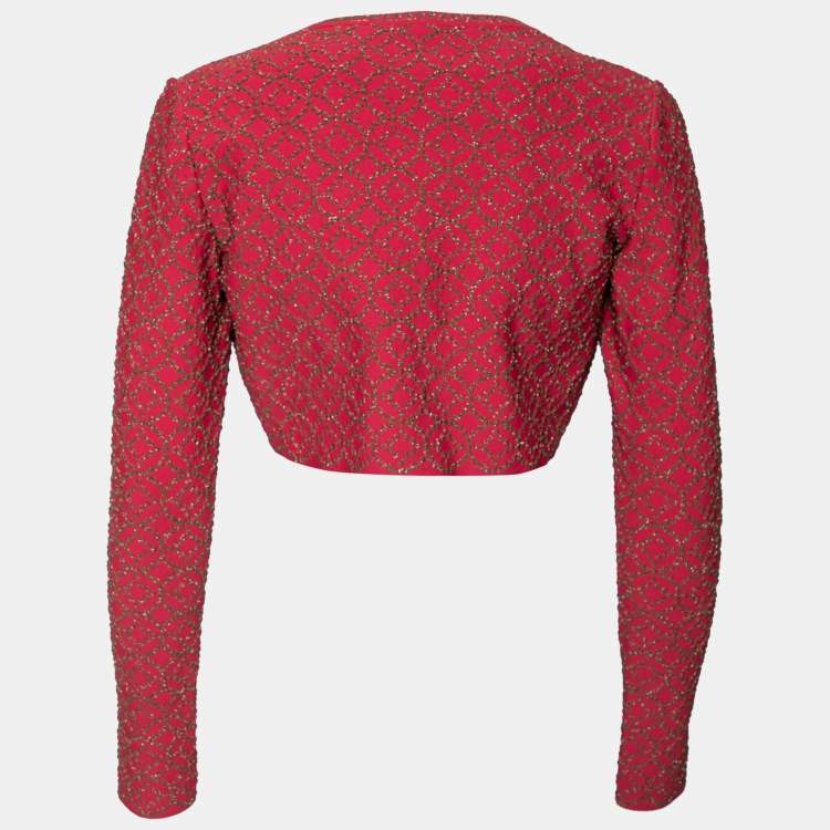 Pre Owned Alaia Red Patterned Lurex Knit Open Front Cropped Shrug M