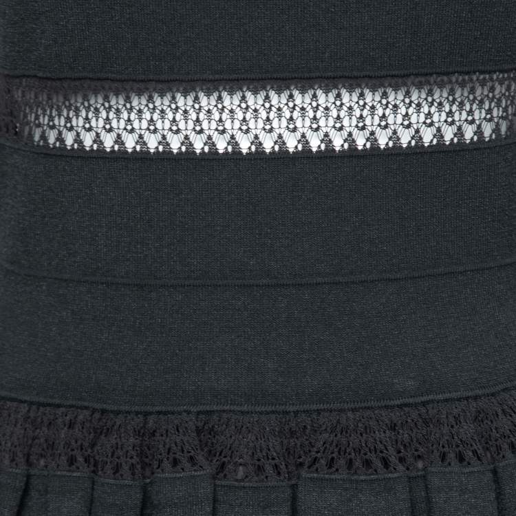 Pre Owned Alaia Black Knit & Lace Paneled Sleeveless Flared Dress M