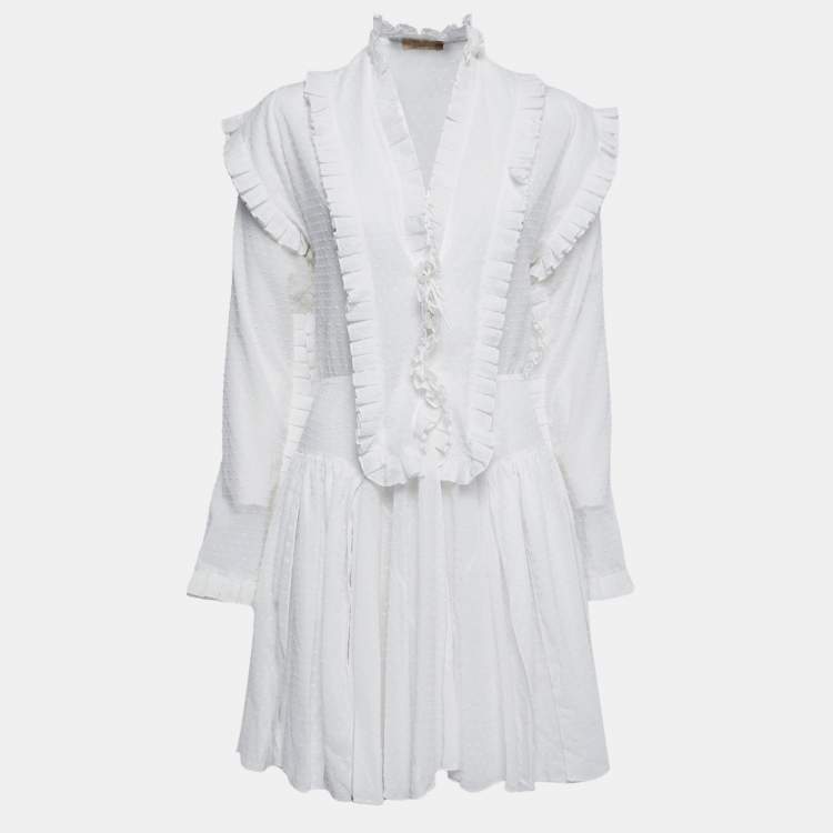 Pre Owned Alaia White Dotted Cotton Long Sleeve Ruffled Mini Dress M