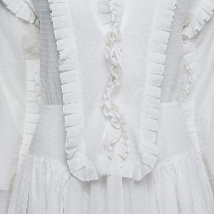 Pre Owned Alaia White Dotted Cotton Long Sleeve Ruffled Mini Dress M