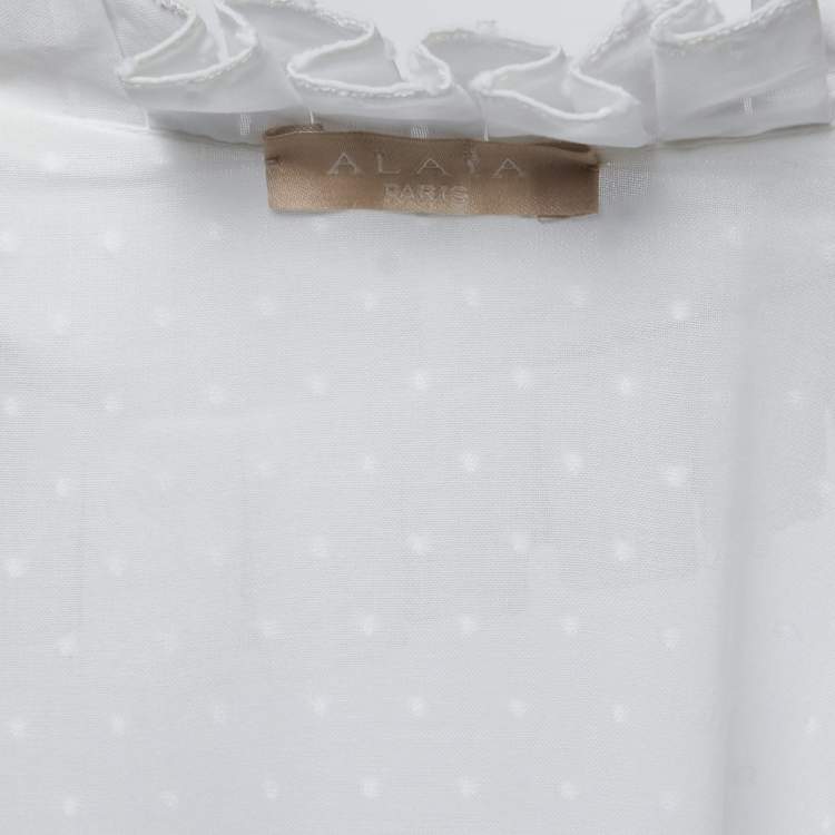 Pre Owned Alaia White Dotted Cotton Long Sleeve Ruffled Mini Dress M