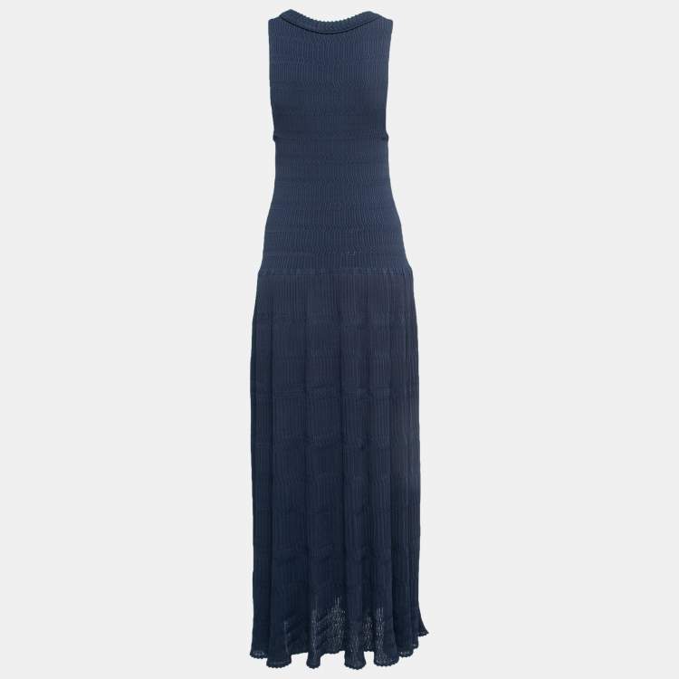 مملوكة مسبقًا Alaia Navy Blue Patterned Knit Sleeveless Maxi Dress L