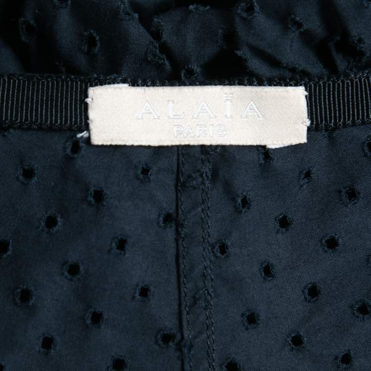 Pre Owned Alaia Navy Blue Eyelet Cotton Flared Mini Skirt M