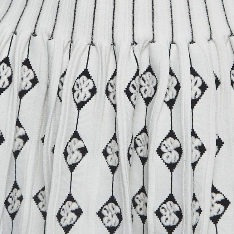 Pre Owned Alaia White/ Black Intarsia Stretch Knit Flared Midi Dress M