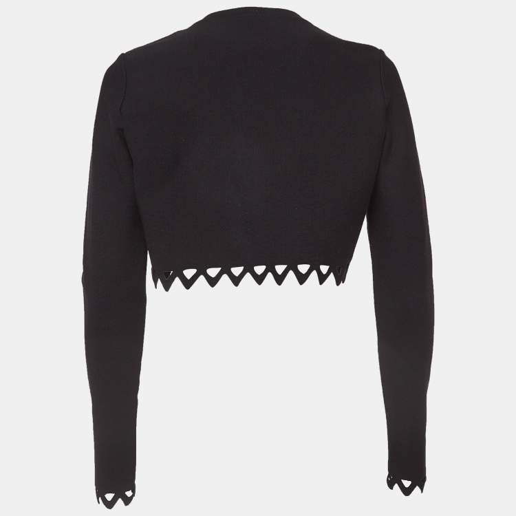 Pre Owned Alaia Black Knit Scallop Cut-Out Hem Cropped Cardigan L