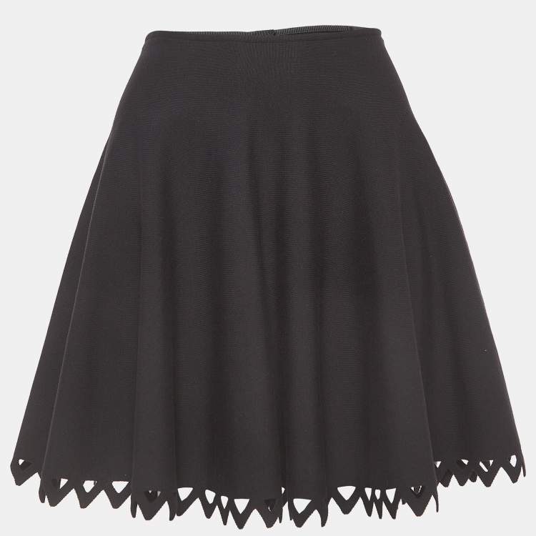 Alaia Black Knit Scallop Cut-Out Hem Flared Mini Skirt M