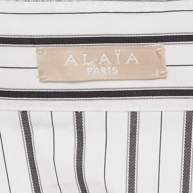 Pre Owned Alaia White/Black Pinstripe Cotton Cinched Waist Shirt L