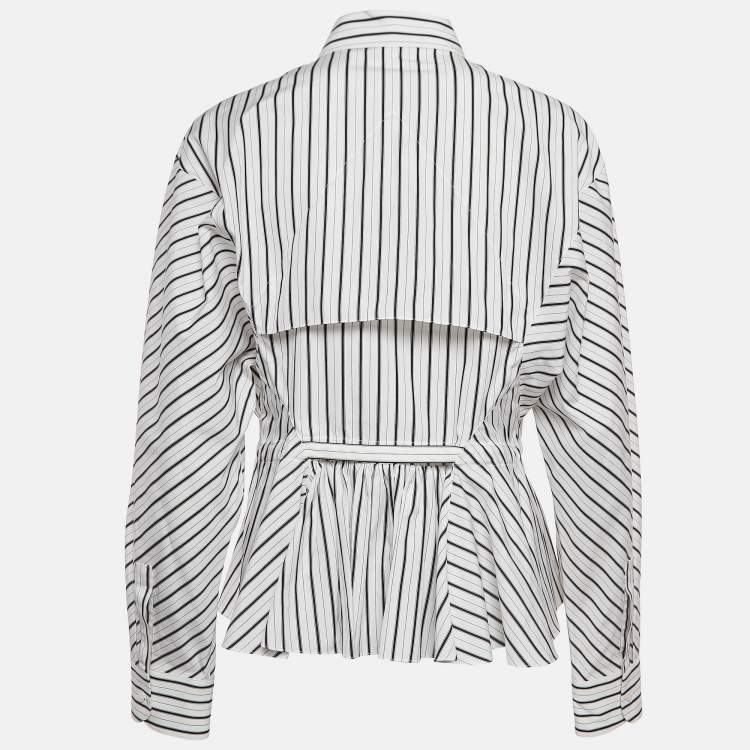Pre Owned Alaia White/Black Pinstripe Cotton Cinched Waist Shirt L
