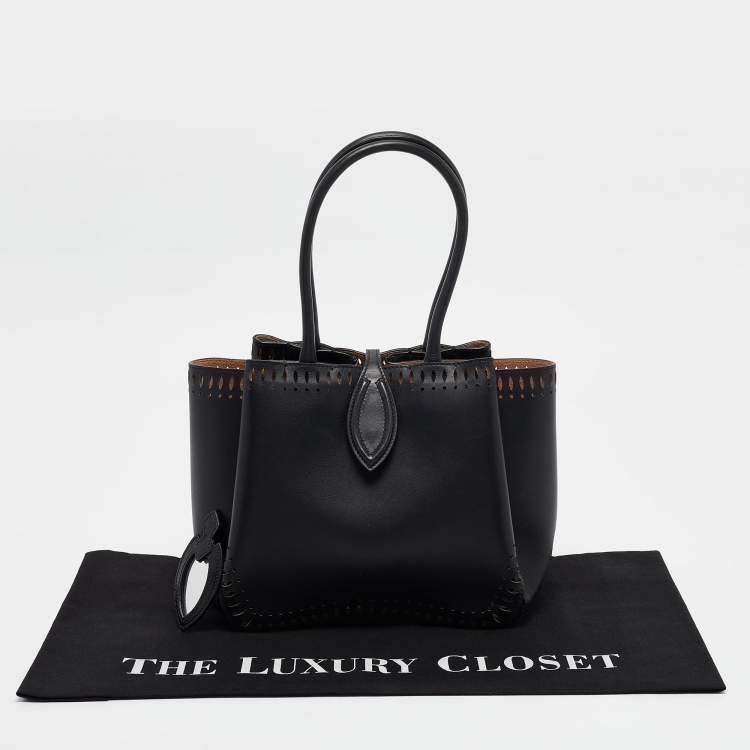 Pre Owned Alaia Black Laser Cut Leather Angele 20 Petal Tote