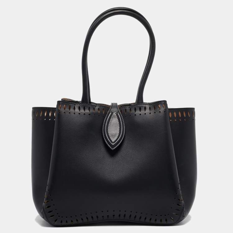 Pre Owned Alaia Black Laser Cut Leather Angele 20 Petal Tote