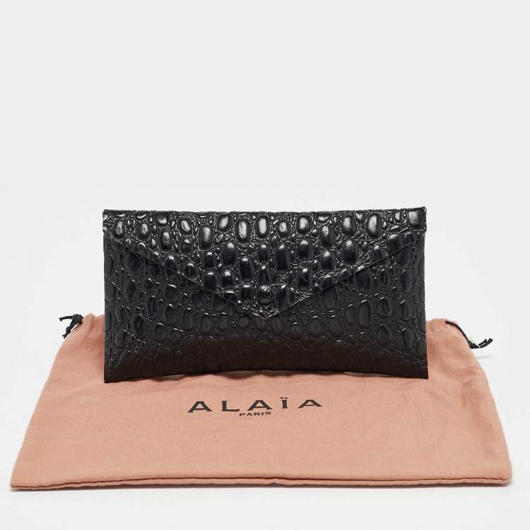 Pre Owned Alaia Black Croc Embossed Leather Envelope Clutch