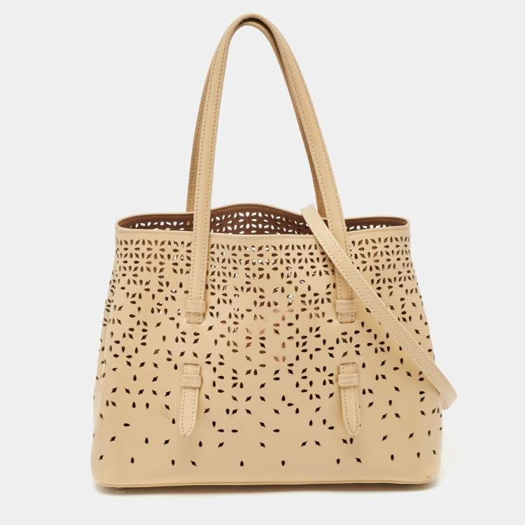 Pre Owned Alaia Light Beige Laser Cut Leather Le Mina 25 Tote