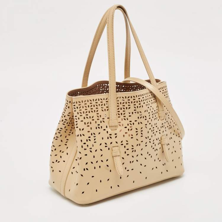 Pre Owned Alaia Light Beige Laser Cut Leather Le Mina 25 Tote