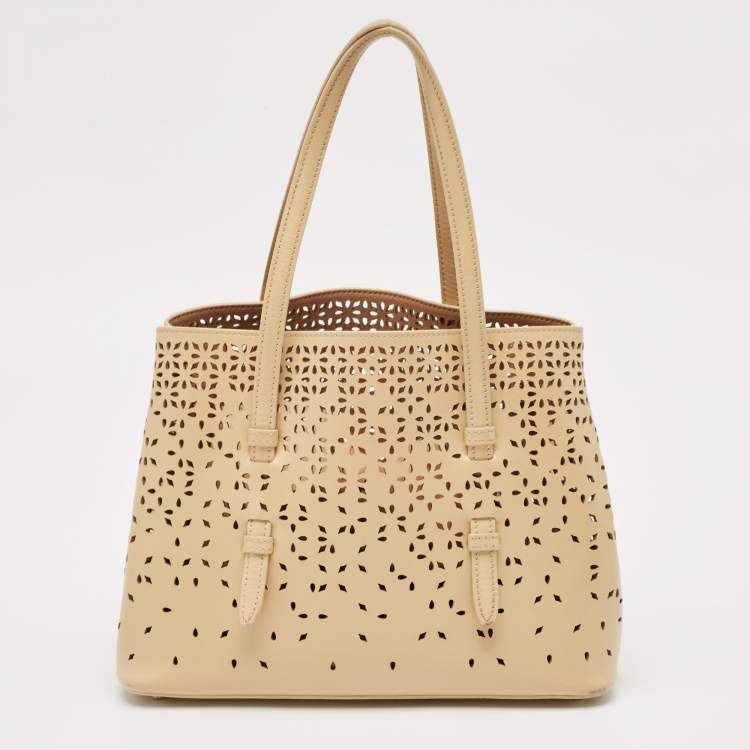 Pre Owned Alaia Light Beige Laser Cut Leather Le Mina 25 Tote