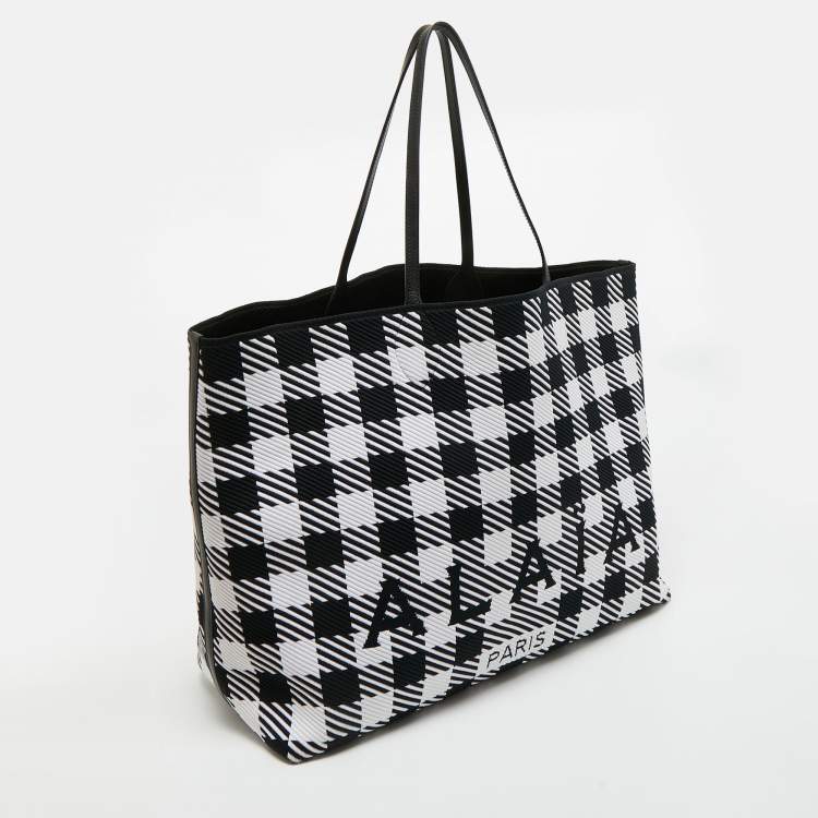 Pre Owned Alaïa Black/White Checkered Logo Jacquard Knit Fabric Large Tote