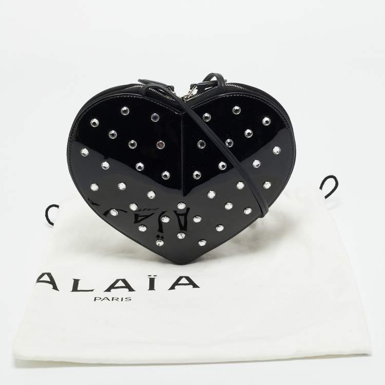 Pre Owned Alaia Black Patent Leather Le Coeur Crystals Crossbody bag