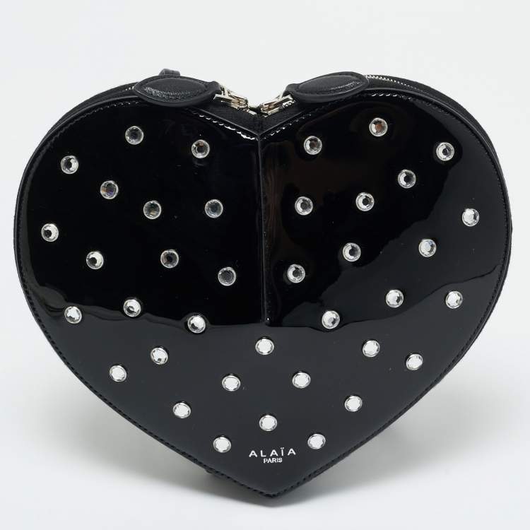 Pre Owned Alaia Black Patent Leather Le Coeur Crystals Crossbody bag