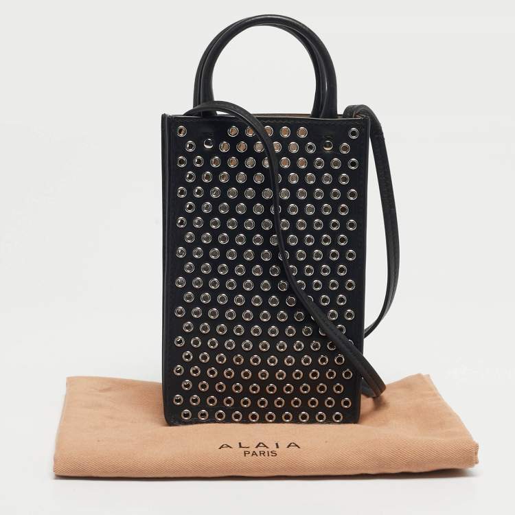 Pre Owned Alaia Black Leather Eyelet Embellished Phone Crossbody Bag
