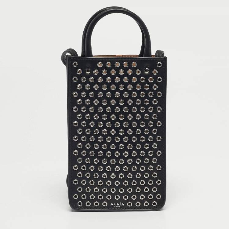 Pre Owned Alaia Black Leather Eyelet Embellished Phone Crossbody Bag