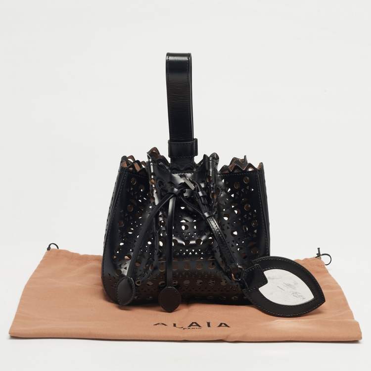 Pre Owned Alaia Black Laser Cut Leather Small Rose Marie Bucket Bag