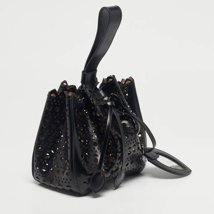 Pre Owned Alaia Black Laser Cut Leather Small Rose Marie Bucket Bag