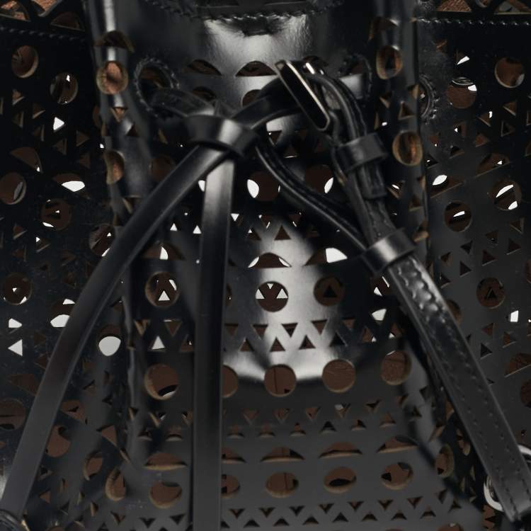 Pre Owned Alaia Black Laser Cut Leather Small Rose Marie Bucket Bag
