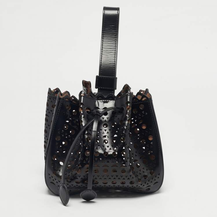 Pre Owned Alaia Black Laser Cut Leather Small Rose Marie Bucket Bag