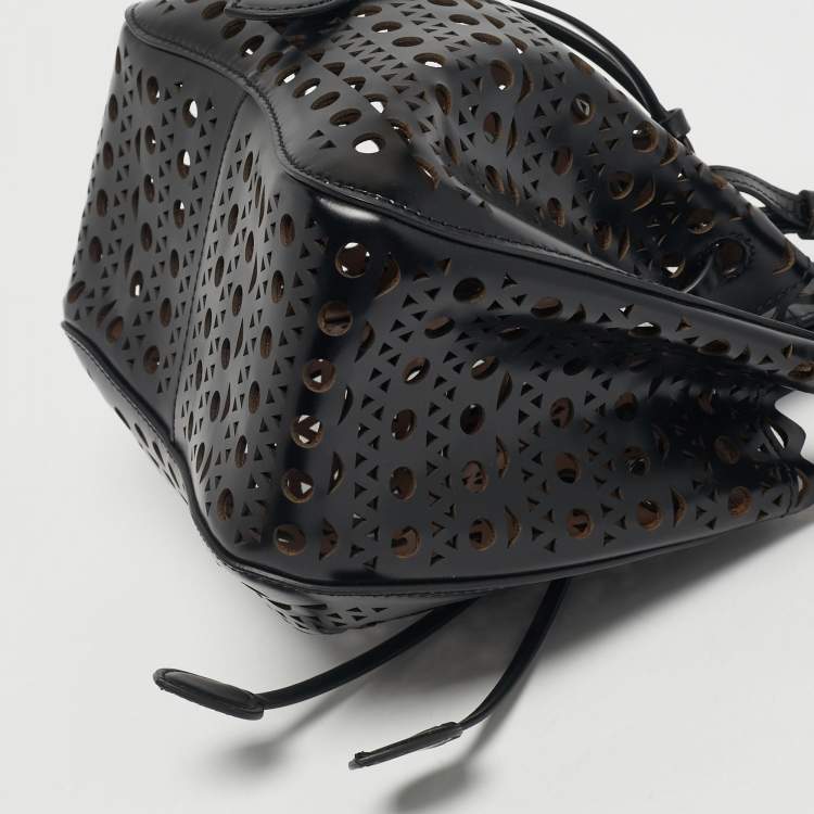 Pre Owned Alaia Black Laser Cut Leather Small Rose Marie Bucket Bag