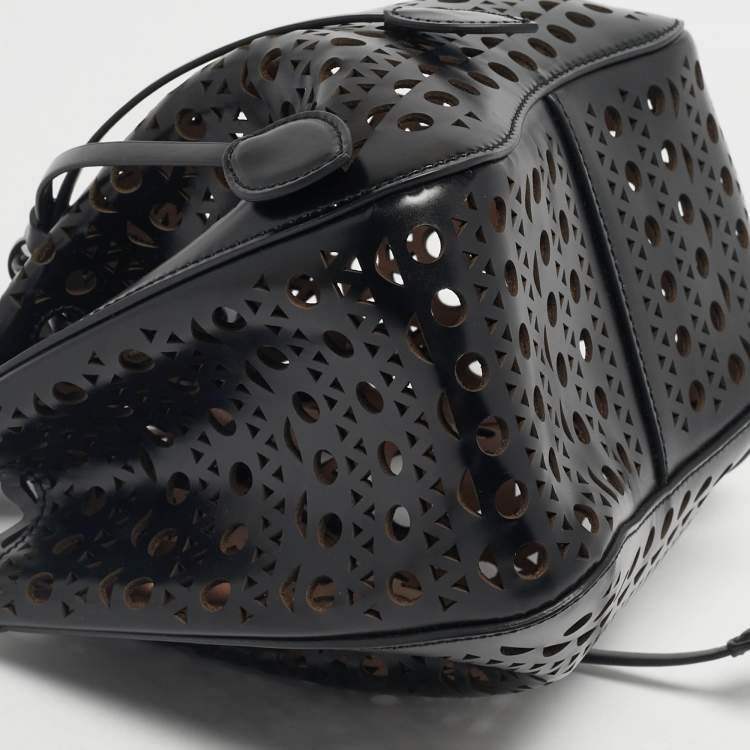 Pre Owned Alaia Black Laser Cut Leather Small Rose Marie Bucket Bag