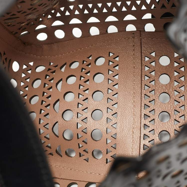 Pre Owned Alaia Black Laser Cut Leather Small Rose Marie Bucket Bag