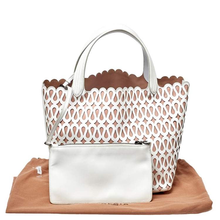 Pre Owned Alaia White/Pink Leather Laser Cut Tote
