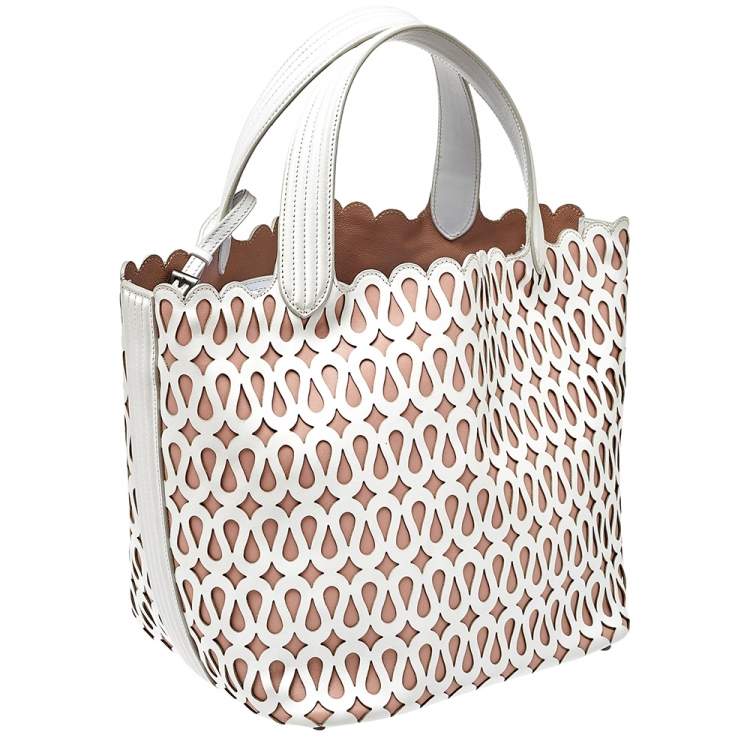 Pre Owned Alaia White/Pink Leather Laser Cut Tote