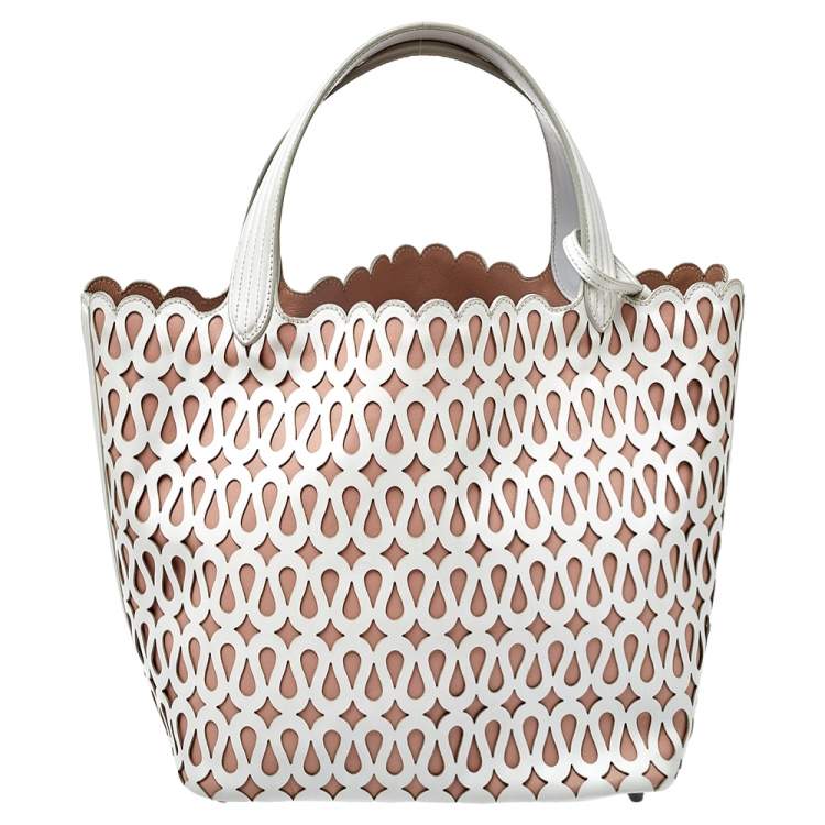Pre Owned Alaia White/Pink Leather Laser Cut Tote