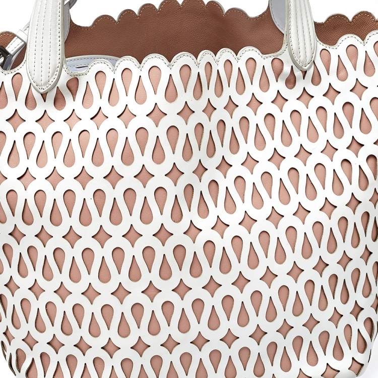 Pre Owned Alaia White/Pink Leather Laser Cut Tote