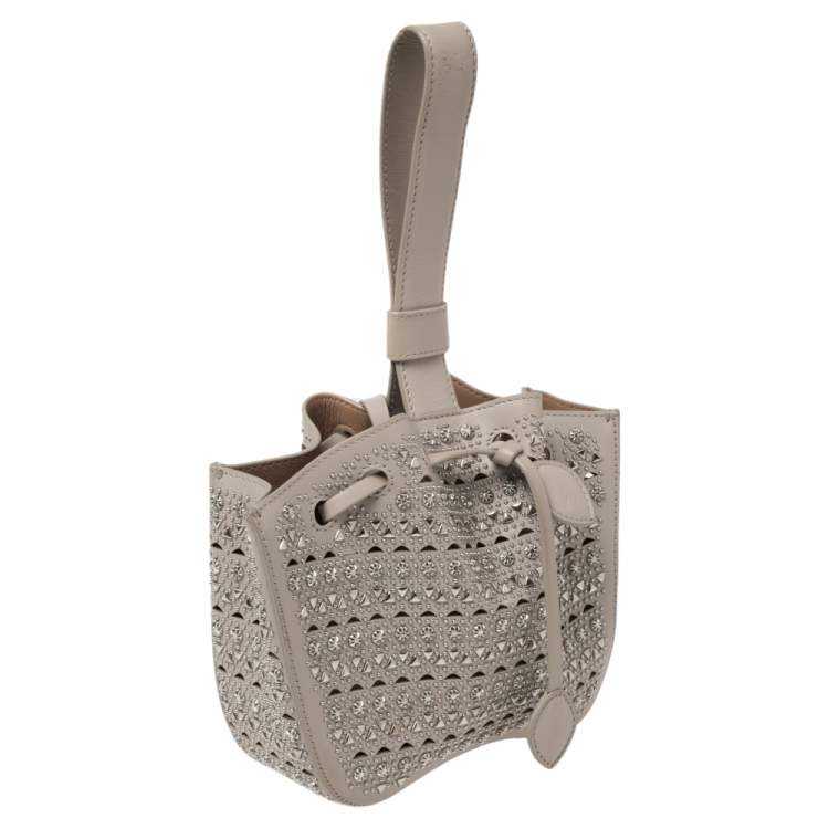Pre Owned Alaia Grey Leather Rose Marie Embellished Laser Cut Bucket Bag            