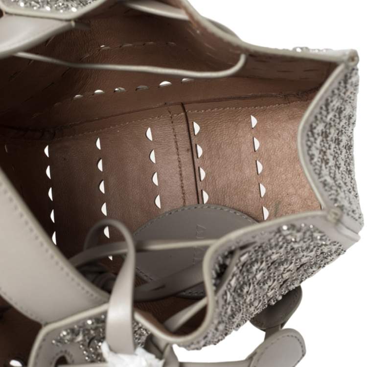 Pre Owned Alaia Grey Leather Rose Marie Embellished Laser Cut Bucket Bag            