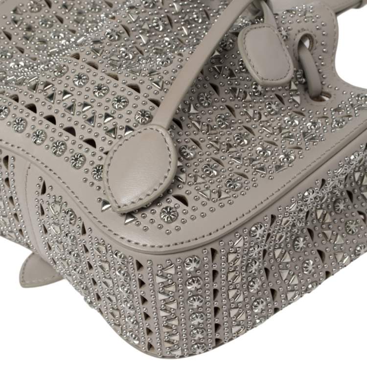 Pre Owned Alaia Grey Leather Rose Marie Embellished Laser Cut Bucket Bag            