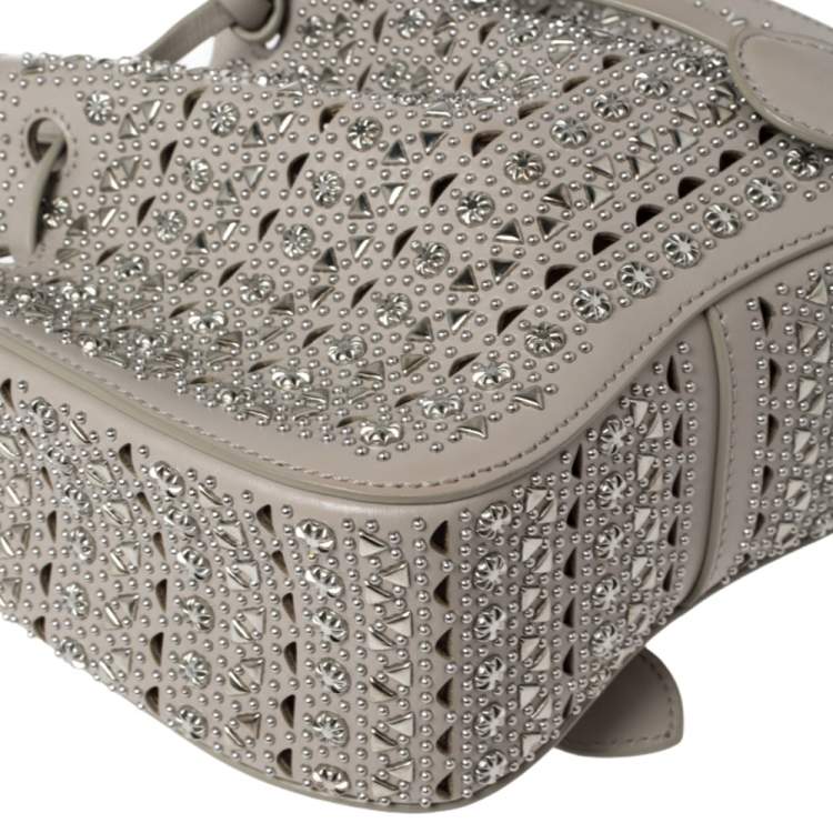 Pre Owned Alaia Grey Leather Rose Marie Embellished Laser Cut Bucket Bag            