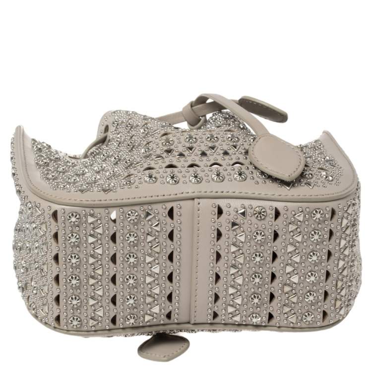 Pre Owned Alaia Grey Leather Rose Marie Embellished Laser Cut Bucket Bag            