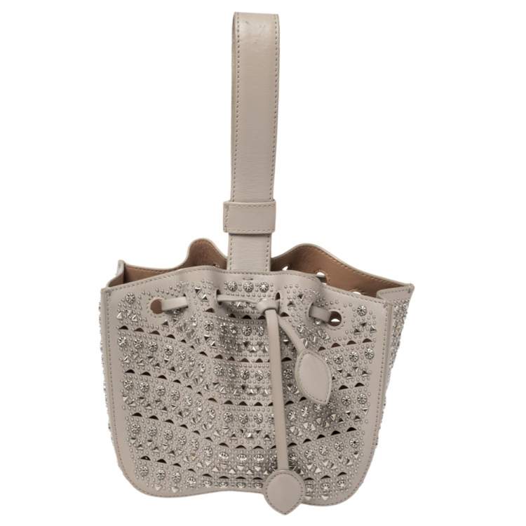 Pre Owned Alaia Grey Leather Rose Marie Embellished Laser Cut Bucket Bag            
