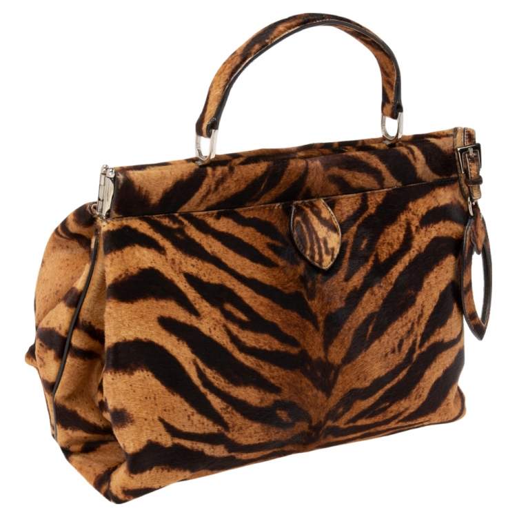 Pre Owned Alaia Brown Tiger Print Calfhair Frame Top Handle Bag