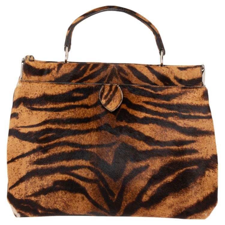 Pre Owned Alaia Brown Tiger Print Calfhair Frame Top Handle Bag