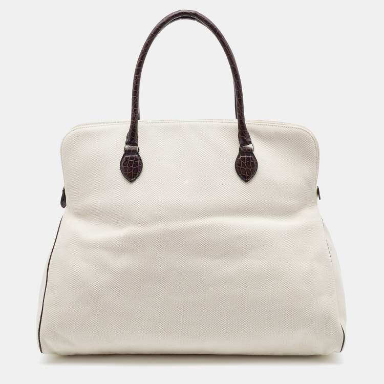 Pre Owned Alaia Off White/Brown Canvas and Croc Embossed Leather Satchel