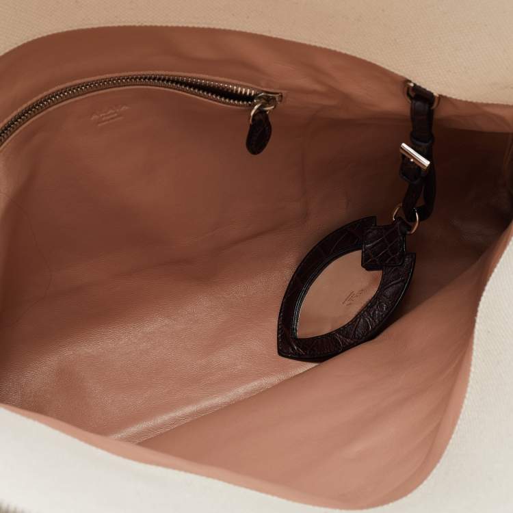 Pre Owned Alaia Off White/Brown Canvas and Croc Embossed Leather Satchel