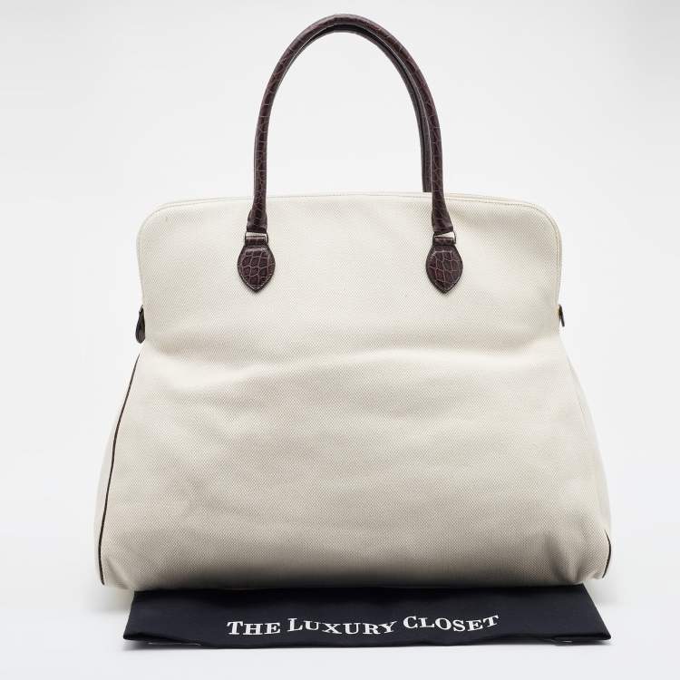 Pre Owned Alaia Off White/Brown Canvas and Croc Embossed Leather Satchel