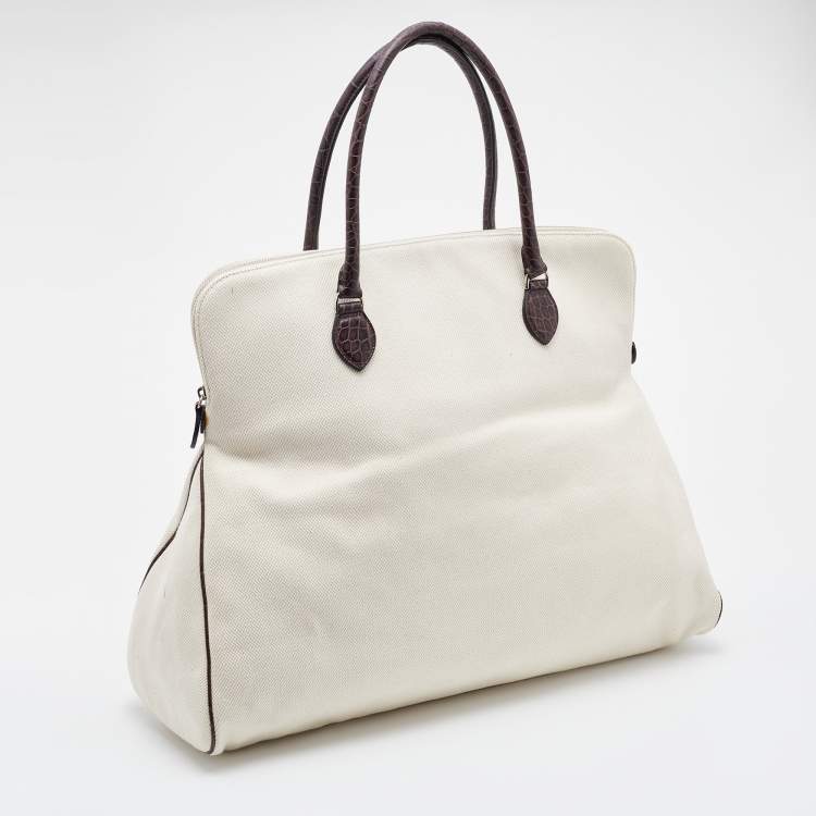Pre Owned Alaia Off White/Brown Canvas and Croc Embossed Leather Satchel